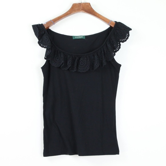 Lauren Ralph Lauren Tops - Lauren Ralph Lauren Black Ruffled Eyelet Boatneck Bottom Blouse Medium Petite